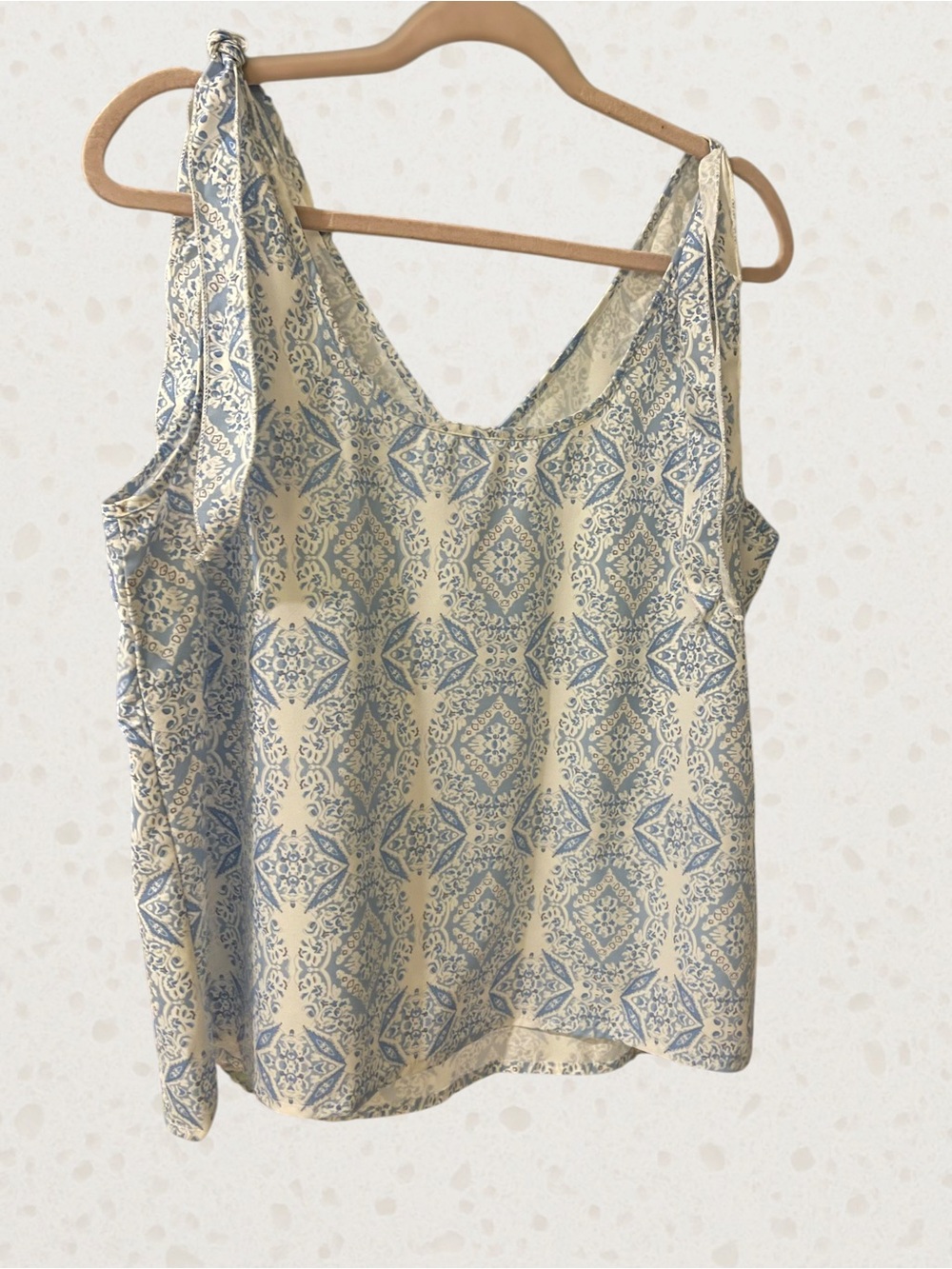 Sleeveless Cream & Blue Printed Shoulder Tie Top